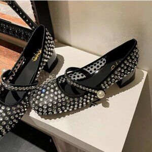 XYD Rhinestone Mesh Square toe Mary Jane Kitten heels. Sz 7